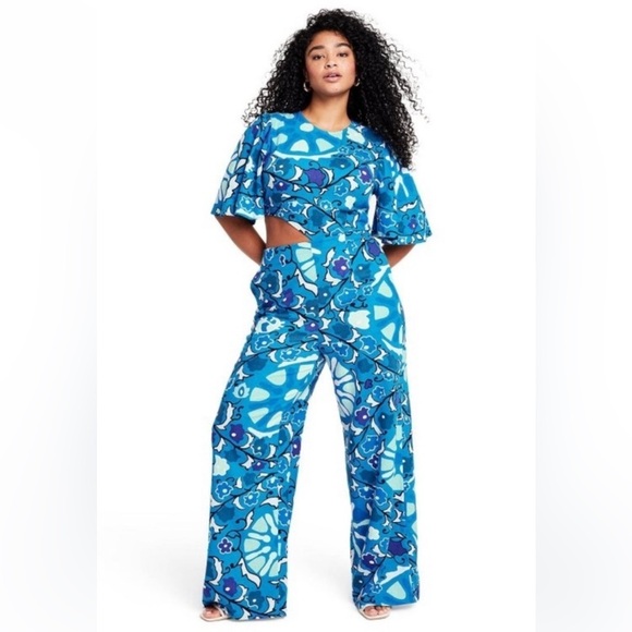 RHODE Pants - RHODE Blue Floral Linen blend wide leg  flutter sleeve Jumpsuit size S